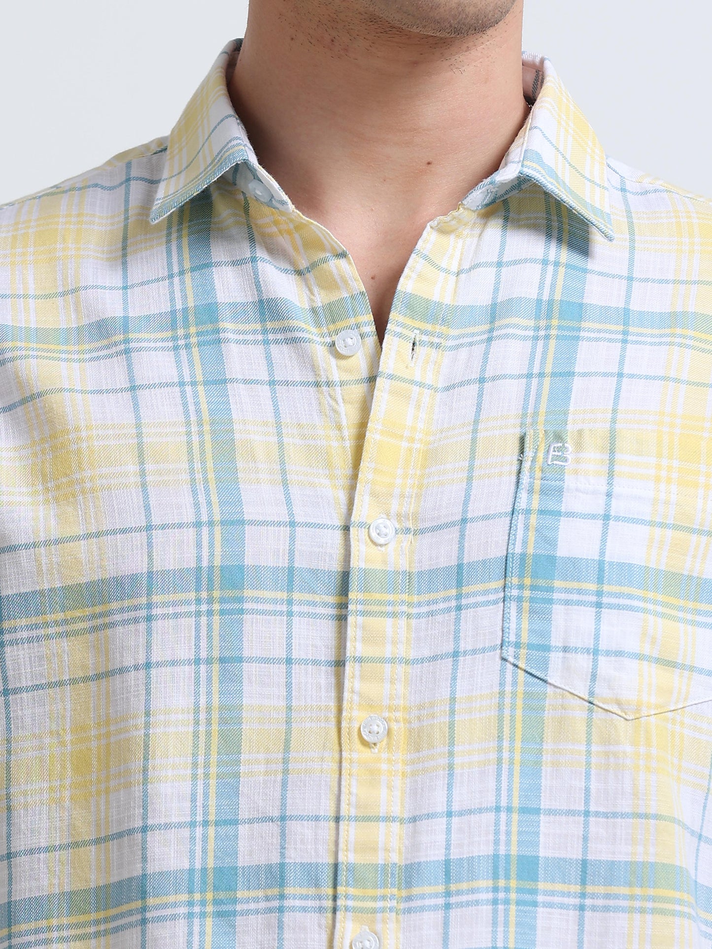 Yellow Aqua Large Check Full Sleeve Cotton Shirt