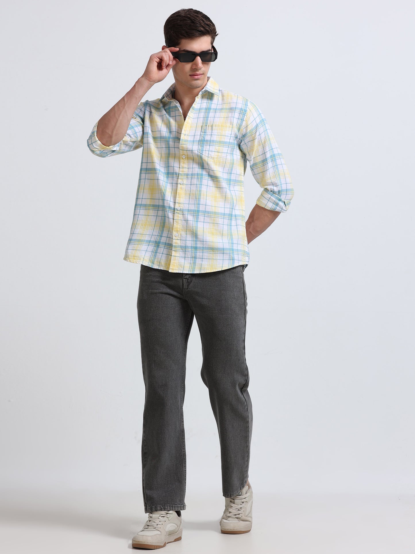 Yellow Aqua Large Check Full Sleeve Cotton Shirt