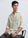 White Olive Green Sketch Check Full Sleeve Cotton Shirt