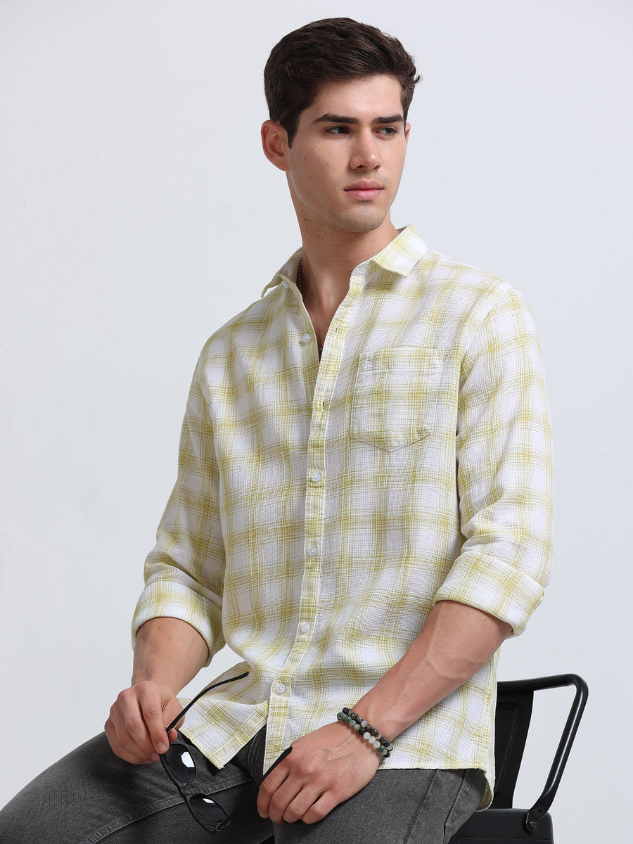 White Olive Green Sketch Check Full Sleeve Cotton Shirt