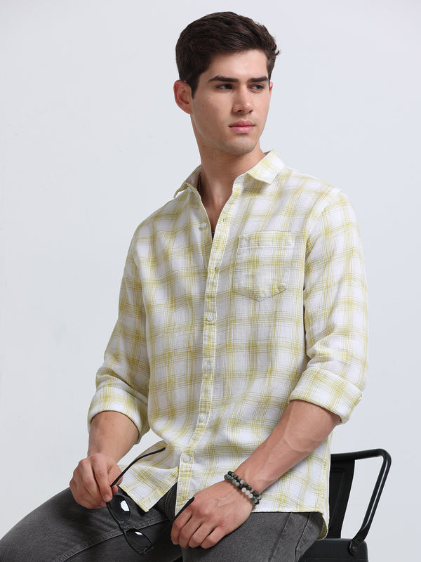White Olive Green Sketch Check Full Sleeve Cotton Shirt