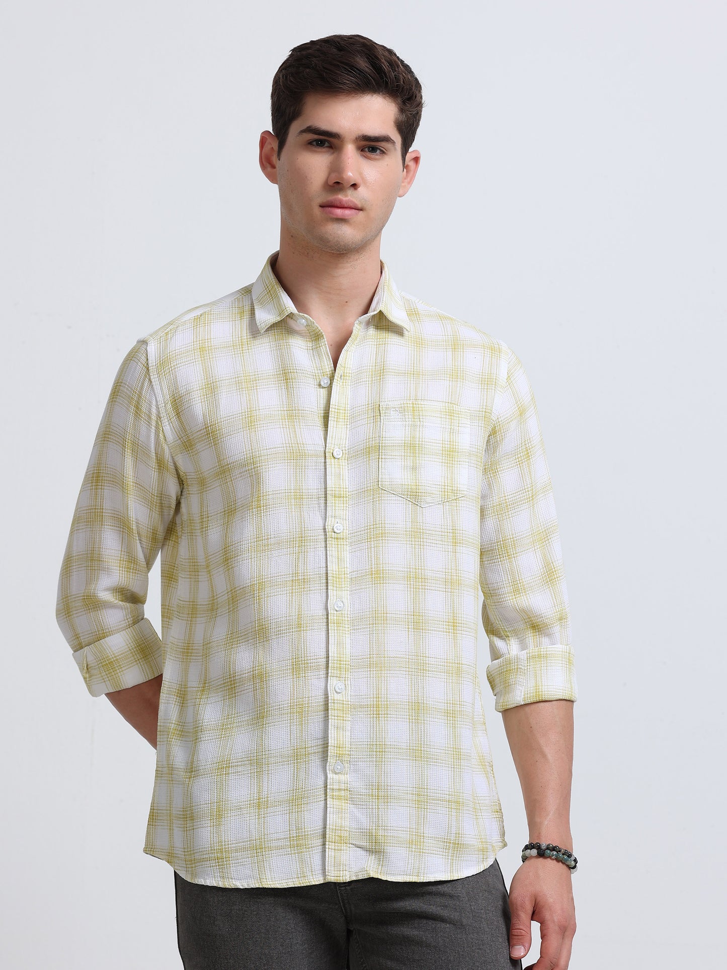 White Olive Green Sketch Check Full Sleeve Cotton Shirt