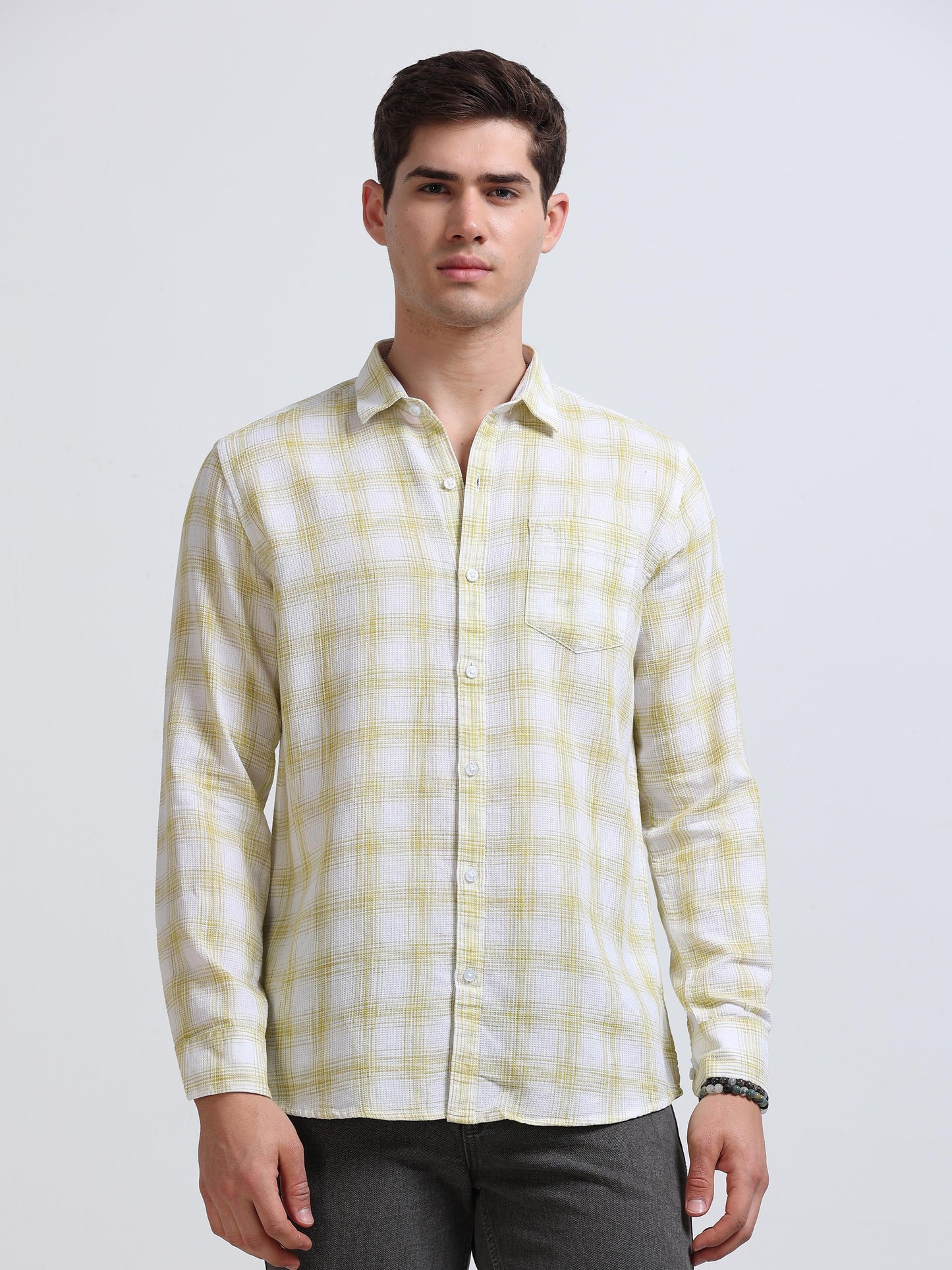 White Olive Green Sketch Check Full Sleeve Cotton Shirt