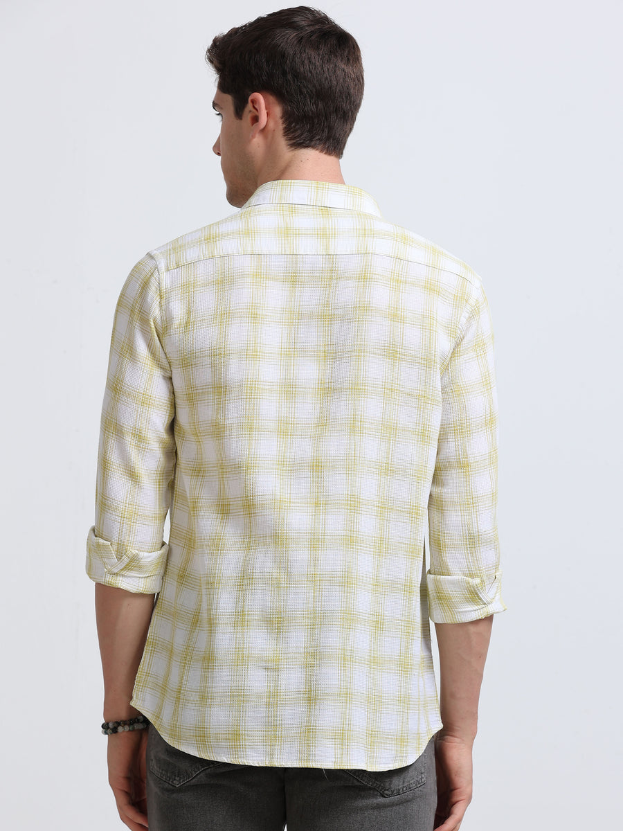White Olive Green Sketch Check Full Sleeve Cotton Shirt