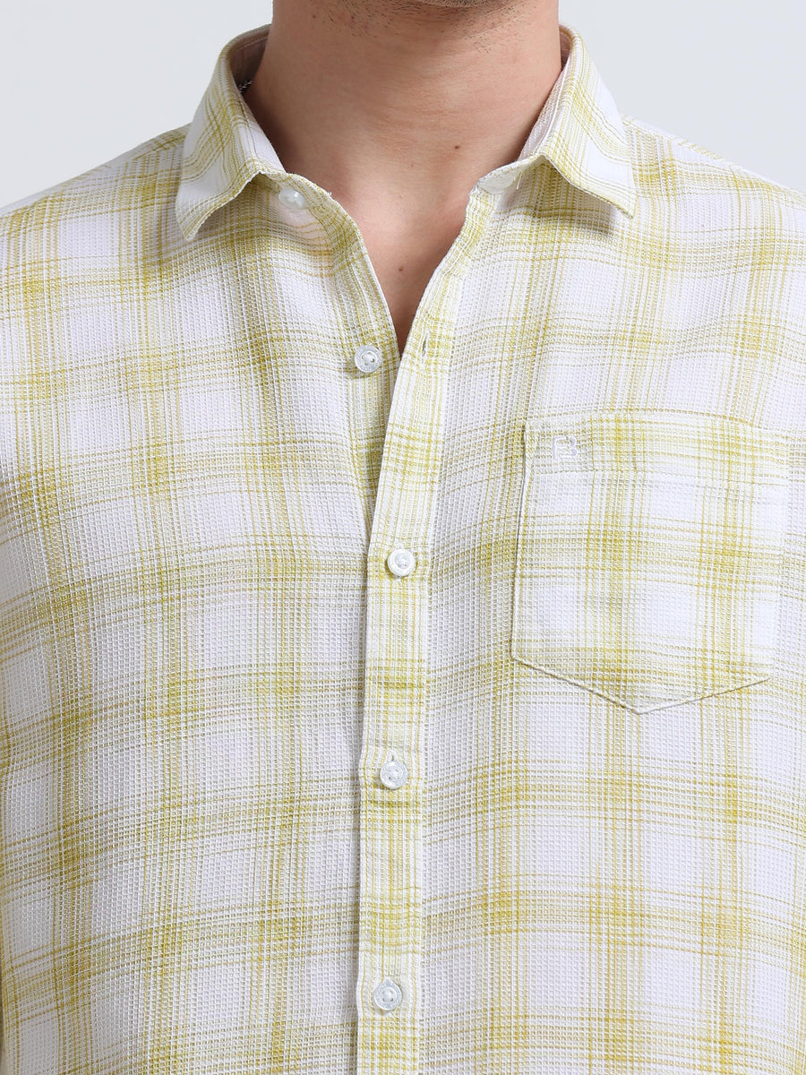 White Olive Green Sketch Check Full Sleeve Cotton Shirt