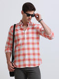 Coral Red Orange Ombre Check Full Sleeve Cotton Shirt