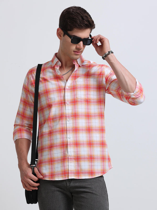 Coral Red Orange Ombre Check Full Sleeve Cotton Shirt