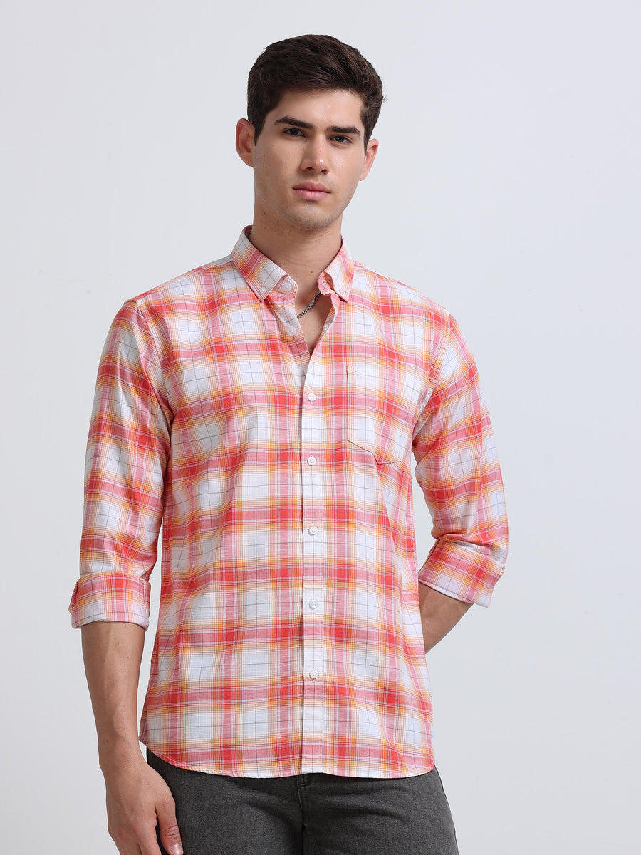 Coral Red Orange Ombre Check Full Sleeve Cotton Shirt