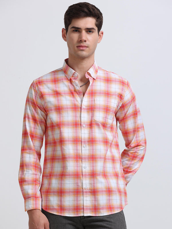 Coral Red Orange Ombre Check Full Sleeve Cotton Shirt