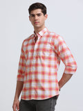 Coral Red Orange Ombre Check Full Sleeve Cotton Shirt