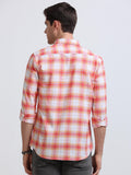Coral Red Orange Ombre Check Full Sleeve Cotton Shirt