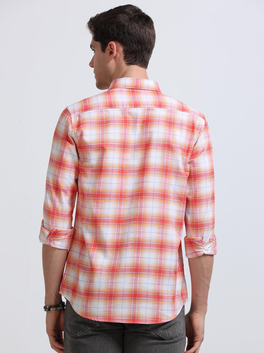 Coral Red Orange Ombre Check Full Sleeve Cotton Shirt