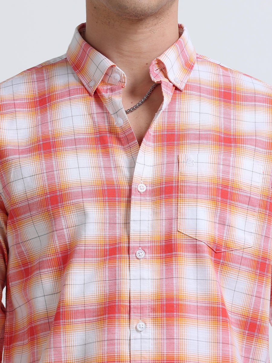 Coral Red Orange Ombre Check Full Sleeve Cotton Shirt