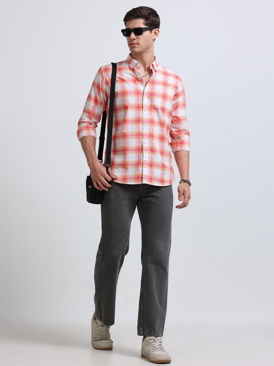 Coral Red Orange Ombre Check Full Sleeve Cotton Shirt