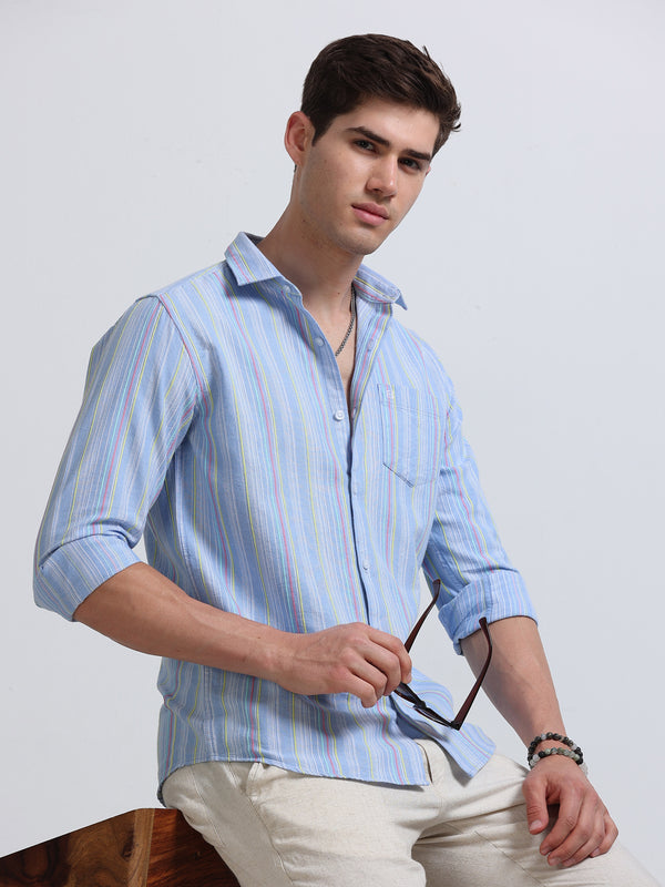 Sky Blue Vertical Stripe Full Sleeve Cotton Shirt