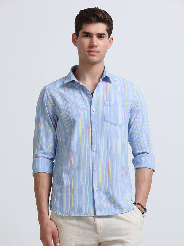 Sky Blue Vertical Stripe Full Sleeve Cotton Shirt