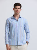 Sky Blue Vertical Stripe Full Sleeve Cotton Shirt