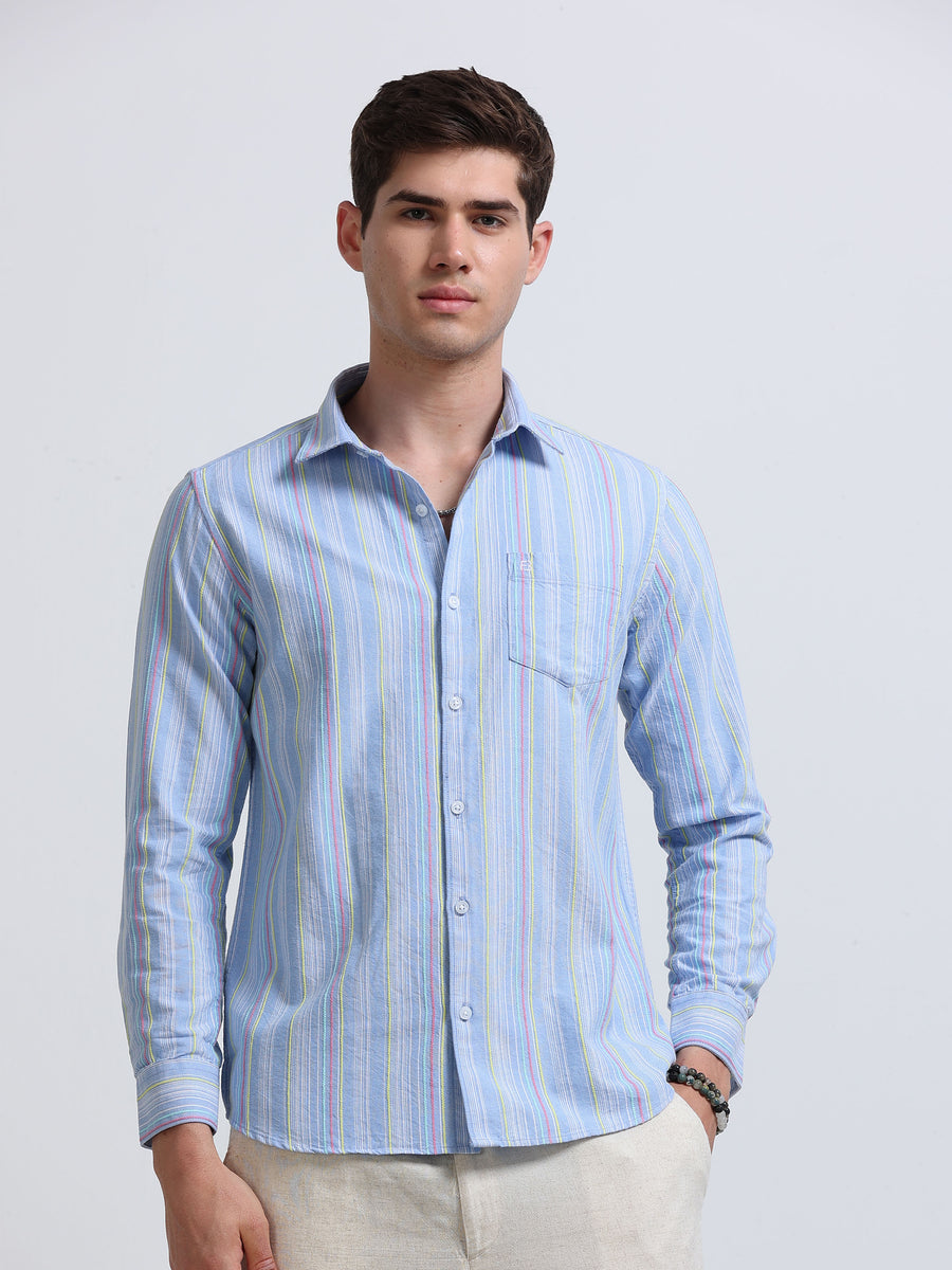 Sky Blue Vertical Stripe Full Sleeve Cotton Shirt
