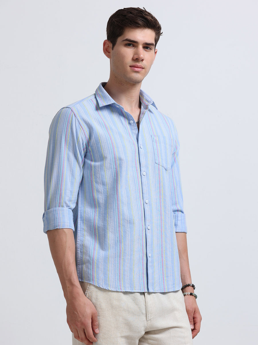 Sky Blue Vertical Stripe Full Sleeve Cotton Shirt