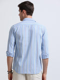 Sky Blue Vertical Stripe Full Sleeve Cotton Shirt