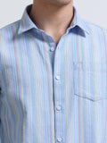 Sky Blue Vertical Stripe Full Sleeve Cotton Shirt