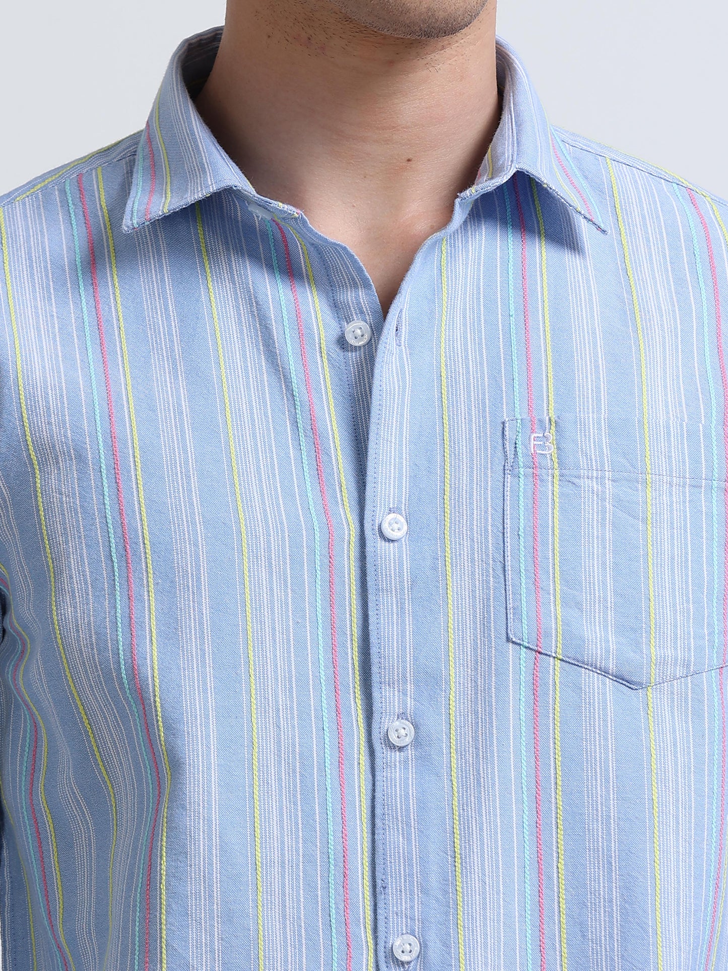 Sky Blue Vertical Stripe Full Sleeve Cotton Shirt