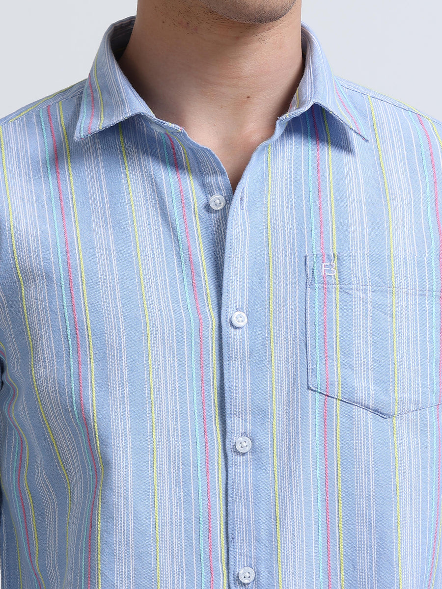 Sky Blue Vertical Stripe Full Sleeve Cotton Shirt