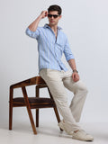 Sky Blue Vertical Stripe Full Sleeve Cotton Shirt