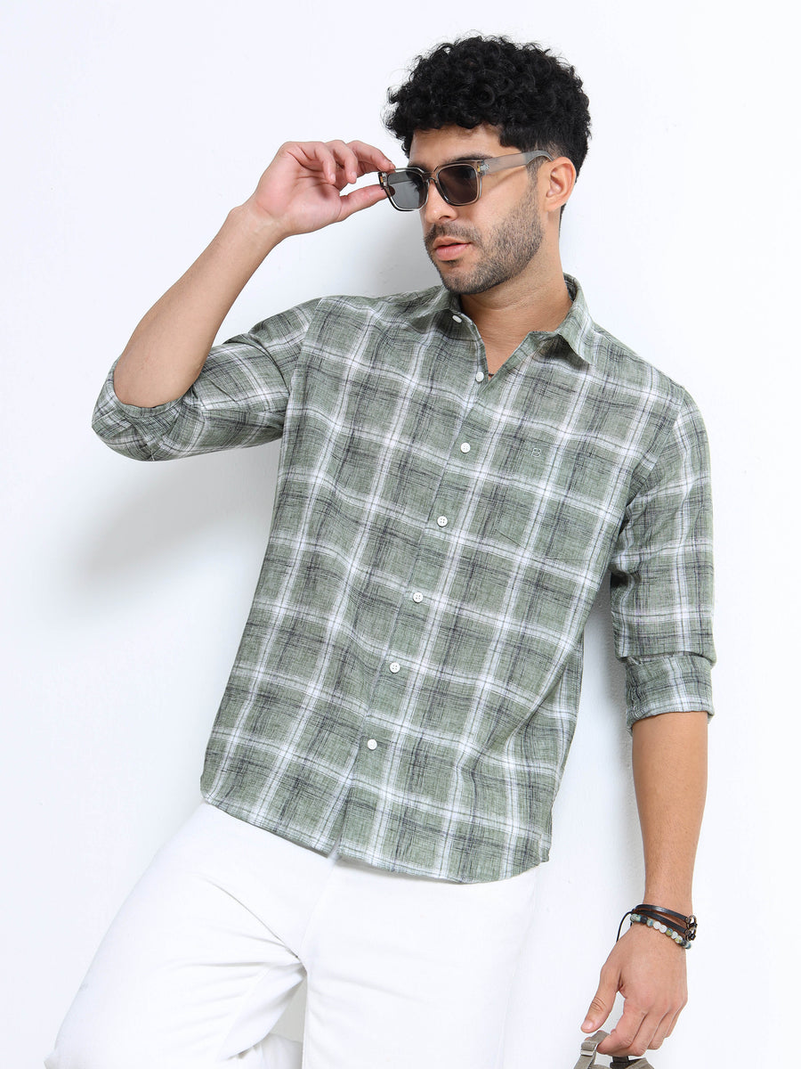 Green Checks Italian Cotton Linen Blend Shirt