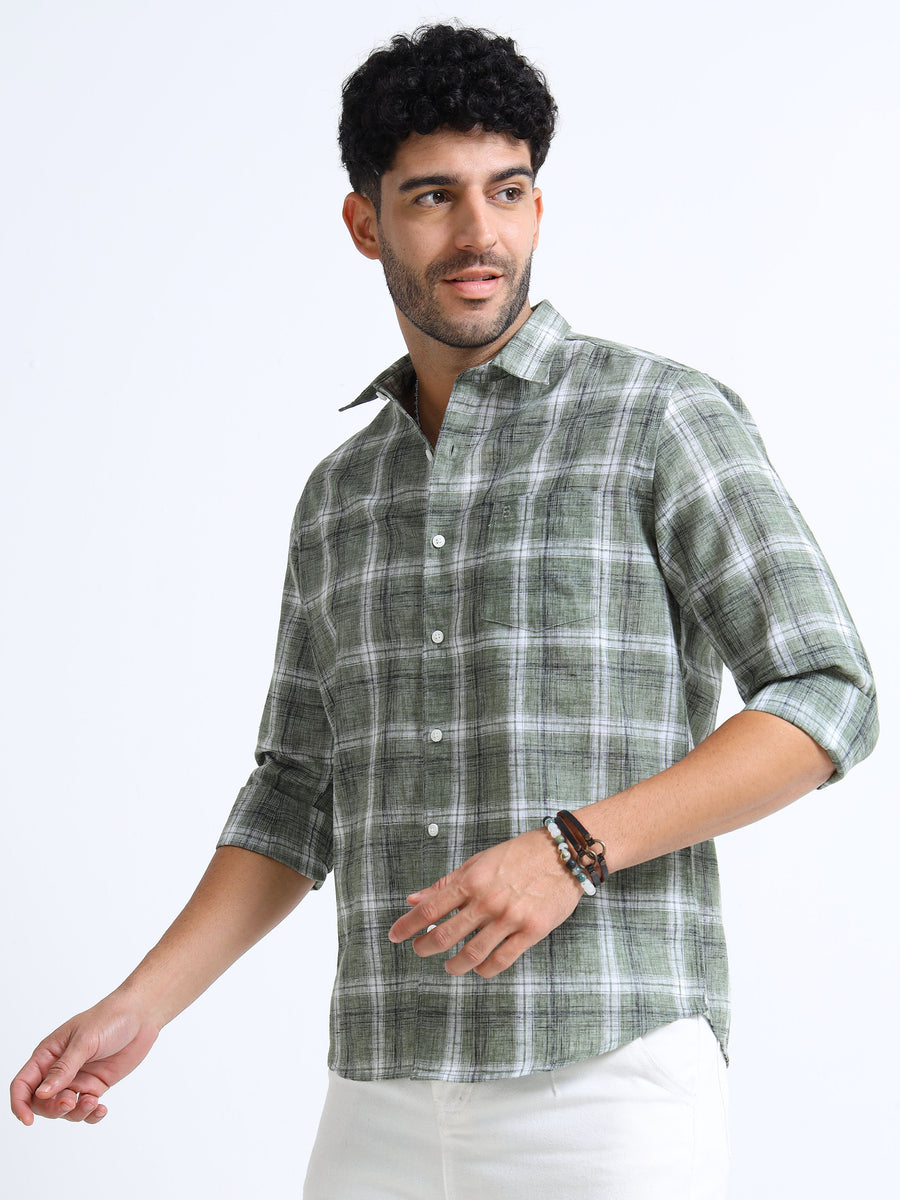 Green Checks Italian Cotton Linen Blend Shirt