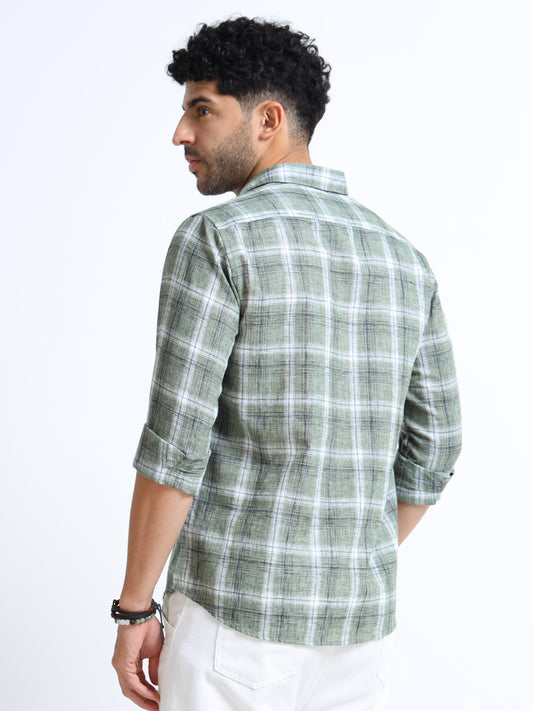 Green Checks Italian Cotton Linen Blend Shirt