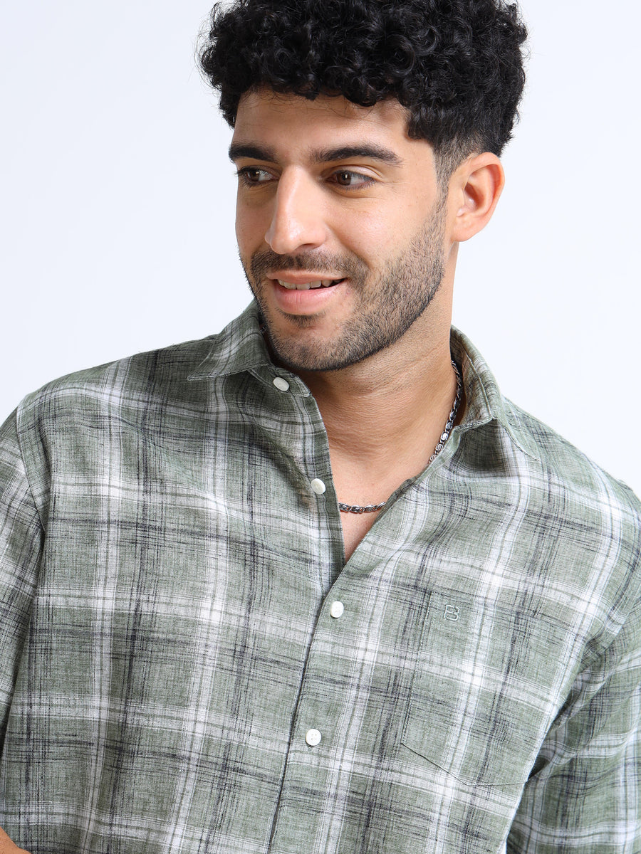 Green Checks Italian Cotton Linen Blend Shirt