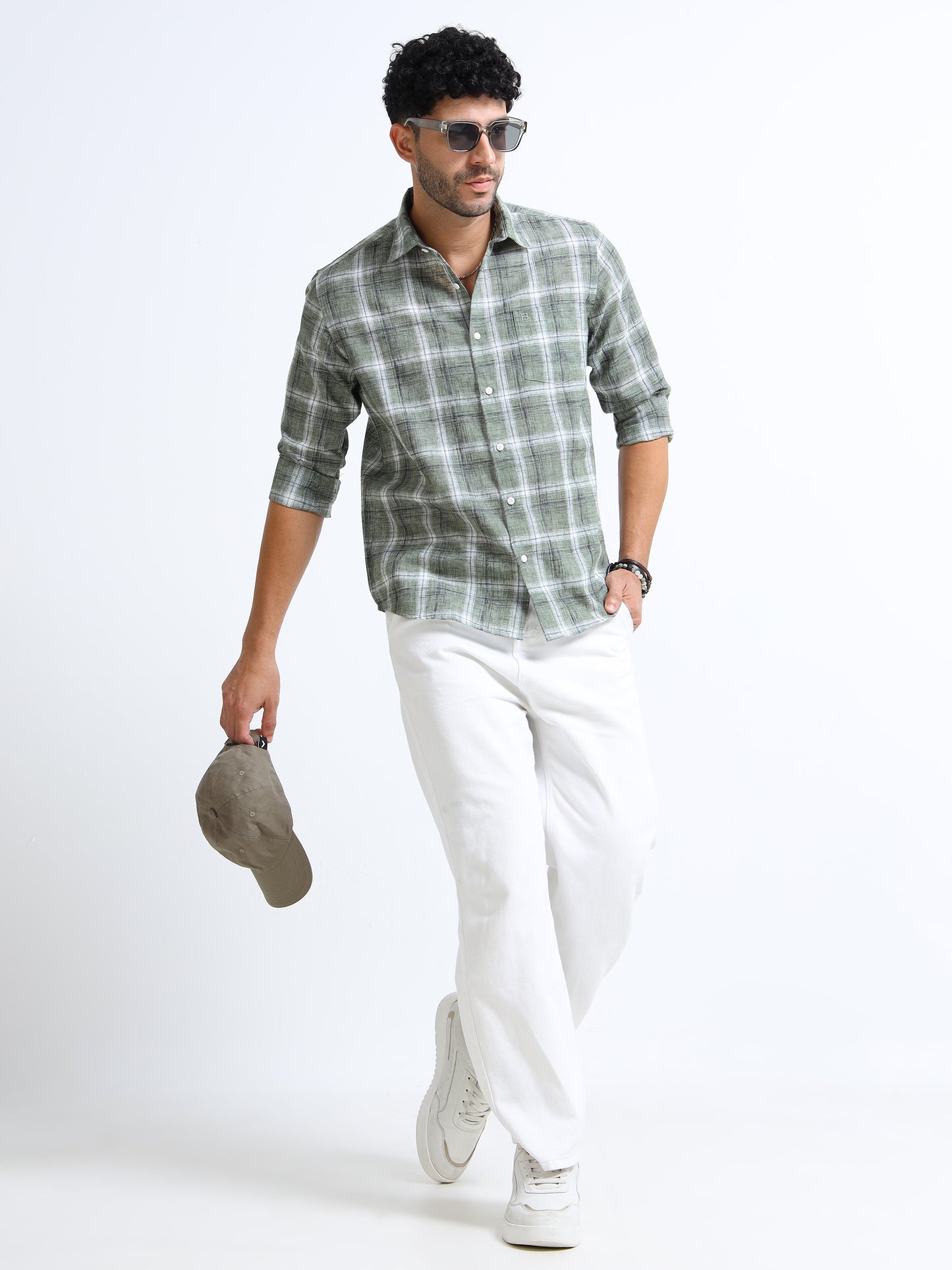 Green Checks Italian Cotton Linen Blend Shirt