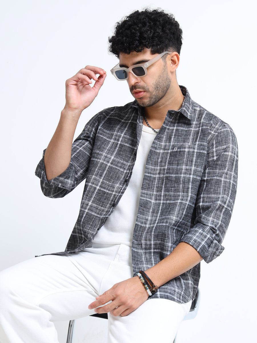 Charcoal Grey Checks Italian Cotton Linen Blend Shirt
