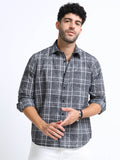 Charcoal Grey Checks Italian Cotton Linen Blend Shirt