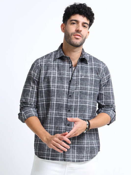 Charcoal Grey Checks Italian Cotton Linen Blend Shirt