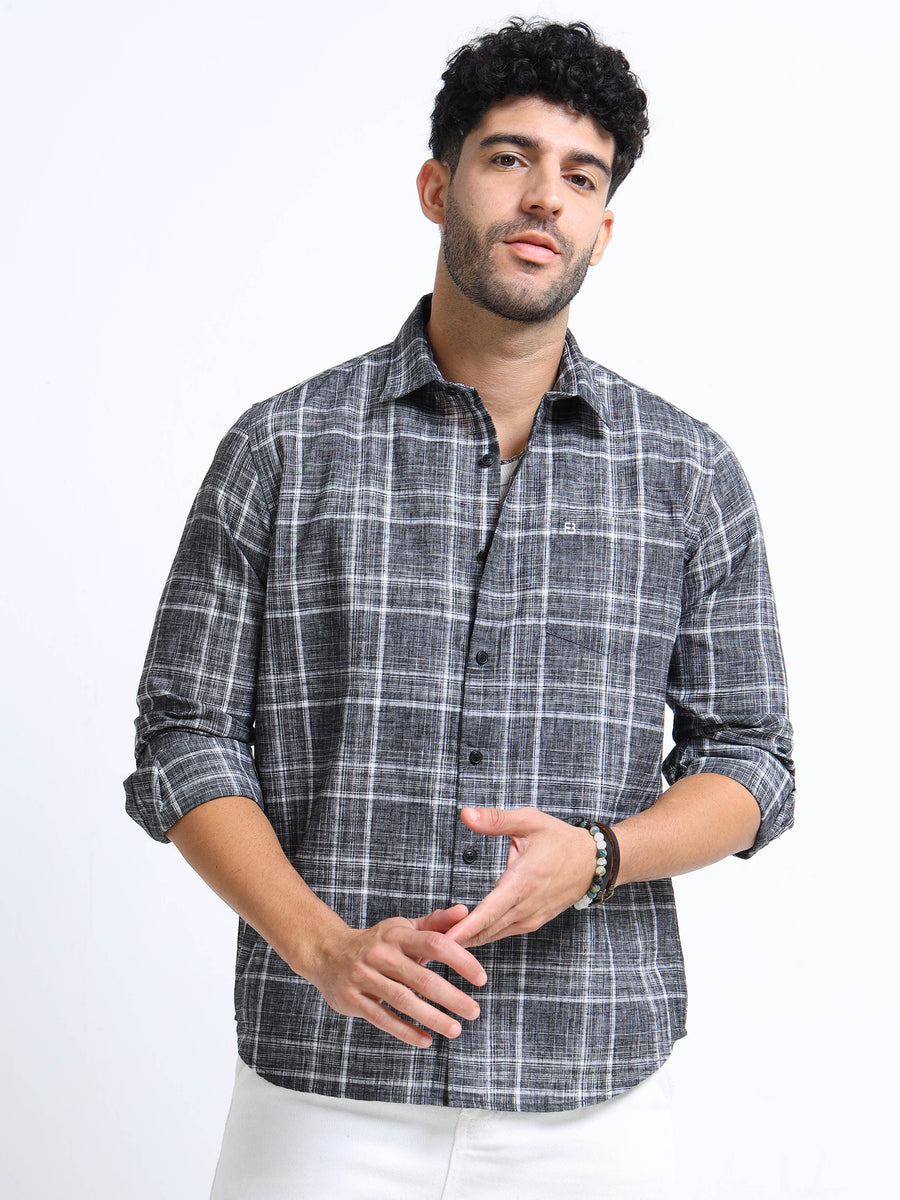 Charcoal Grey Checks Italian Cotton Linen Blend Shirt