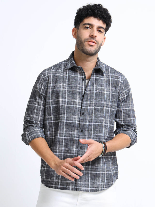 Charcoal Grey Checks Italian Cotton Linen Blend Shirt