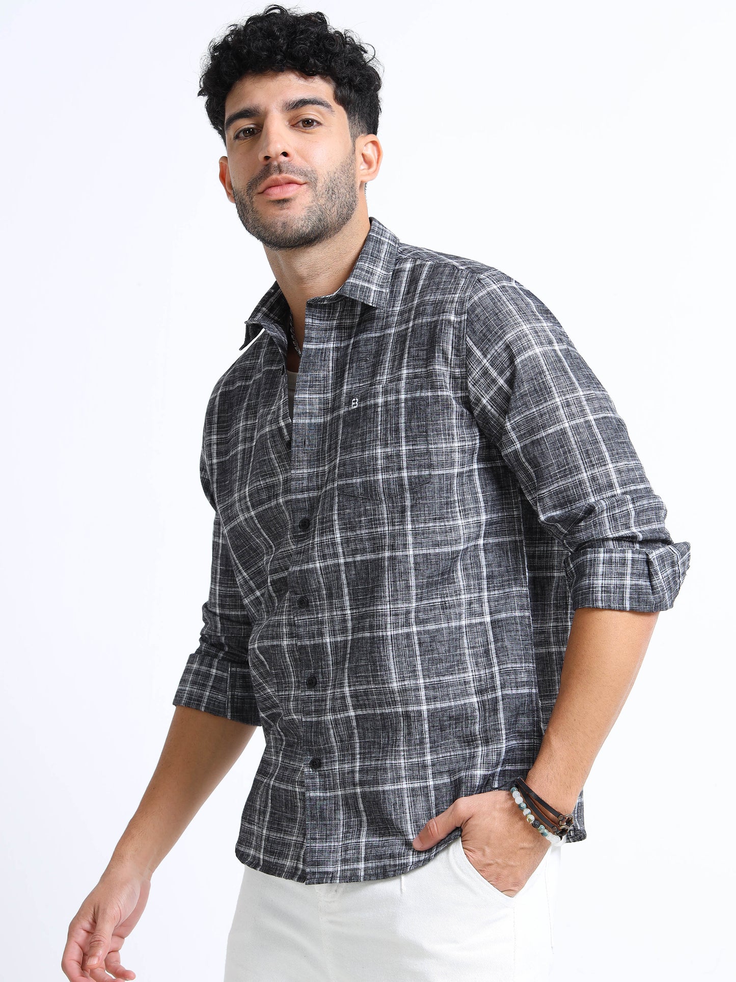 Charcoal Grey Checks Italian Cotton Linen Blend Shirt