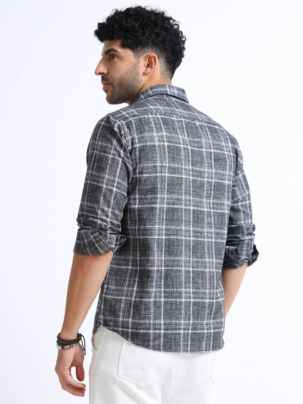 Charcoal Grey Checks Italian Cotton Linen Blend Shirt