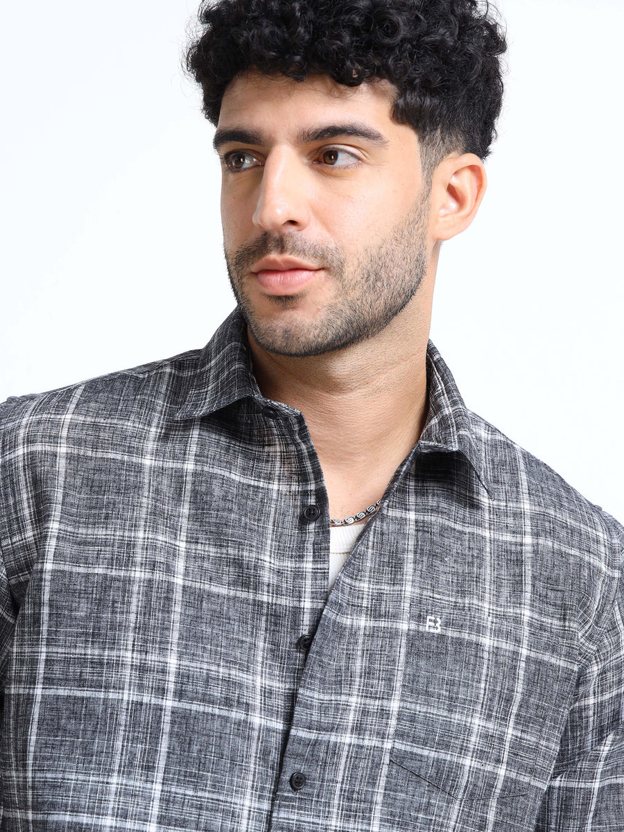 Charcoal Grey Checks Italian Cotton Linen Blend Shirt