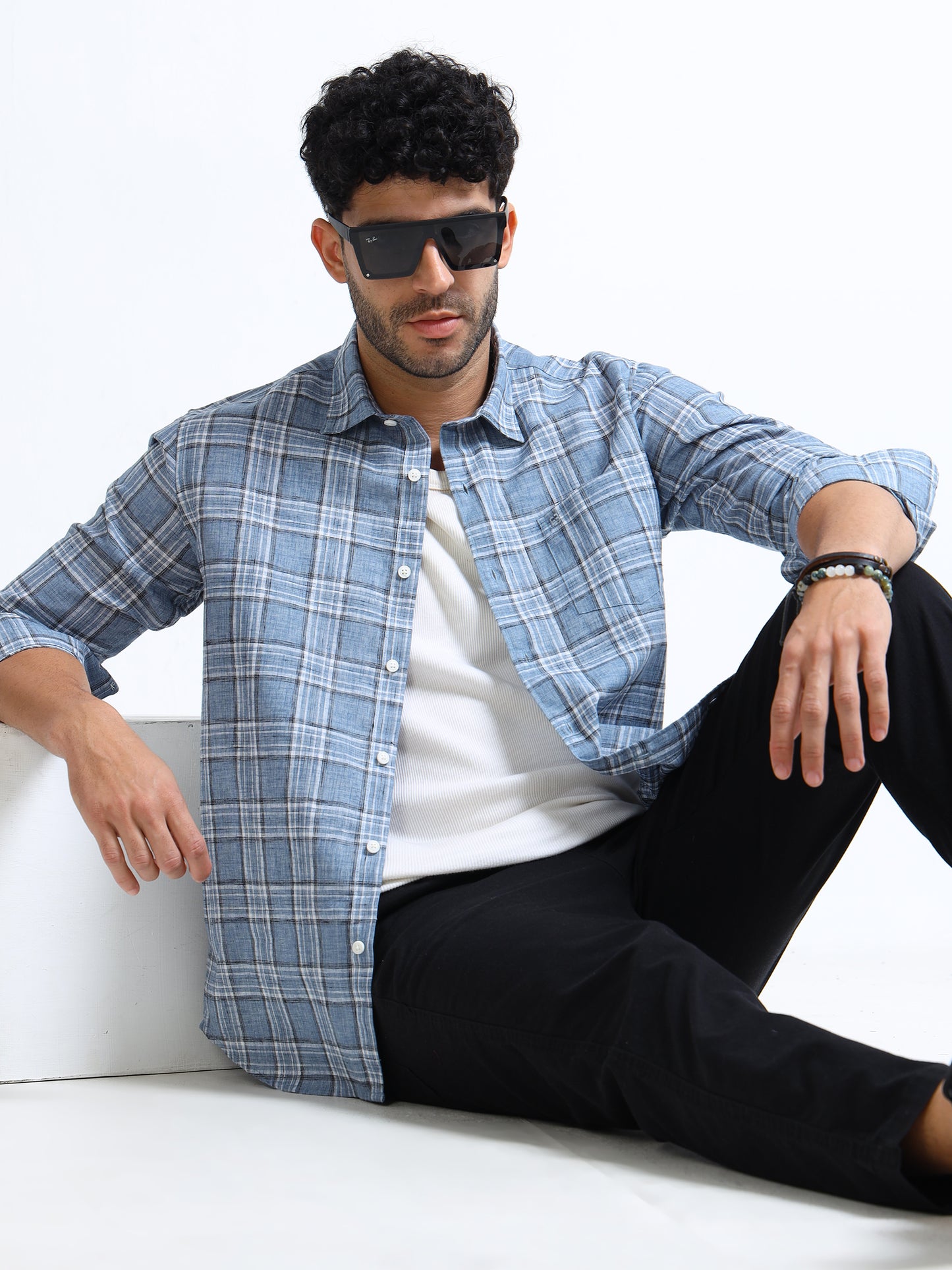 Blue Checks Italian Cotton Linen Blend Shirt
