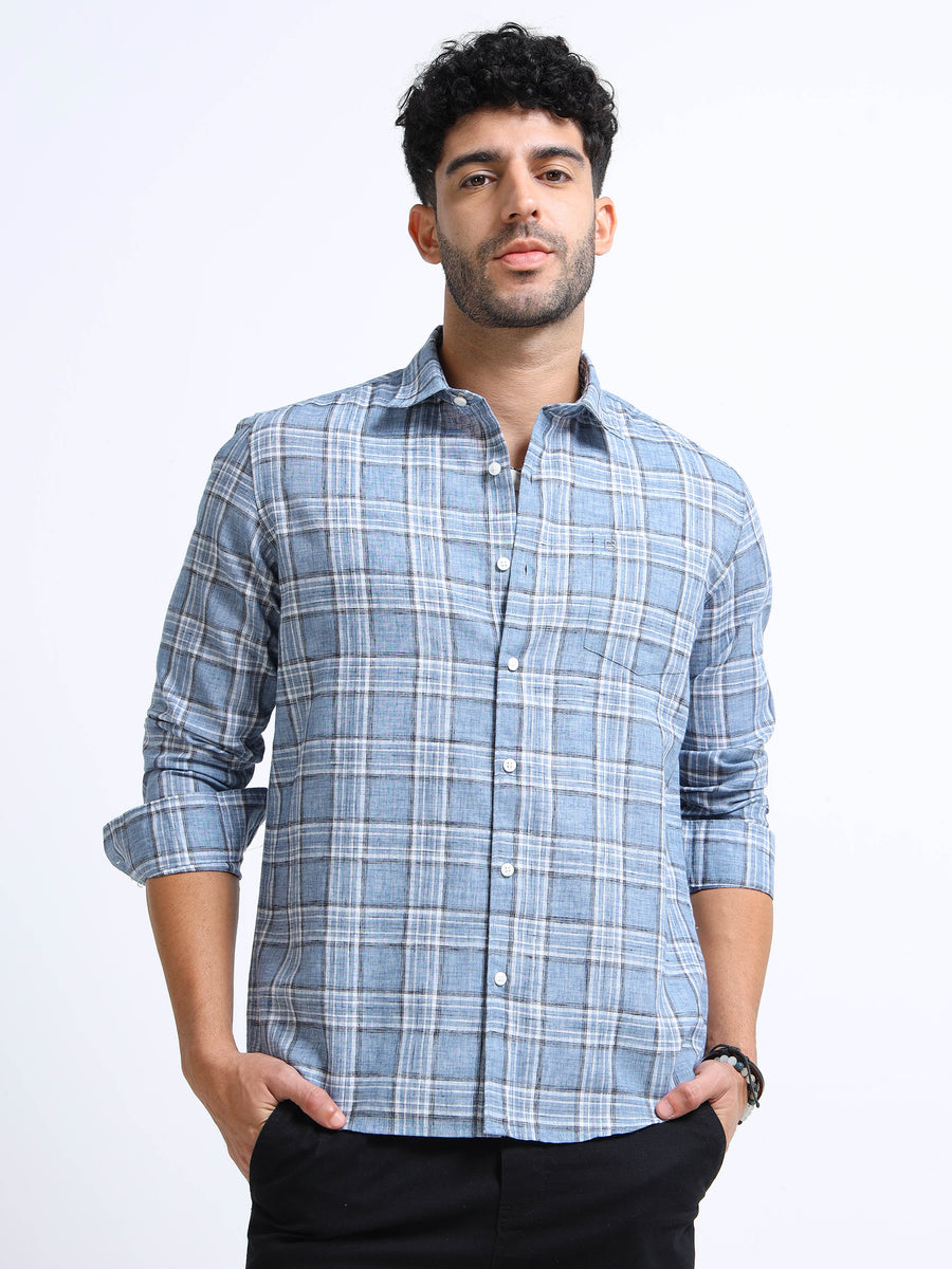 Blue Checks Italian Cotton Linen Blend Shirt