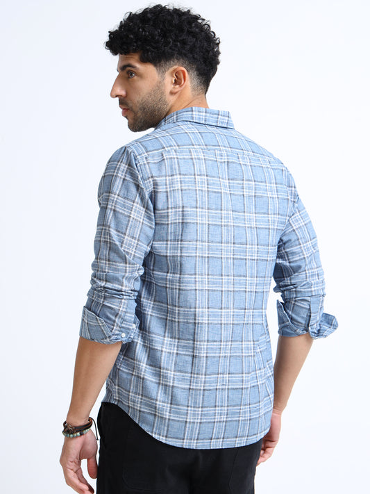 Blue Checks Italian Cotton Linen Blend Shirt