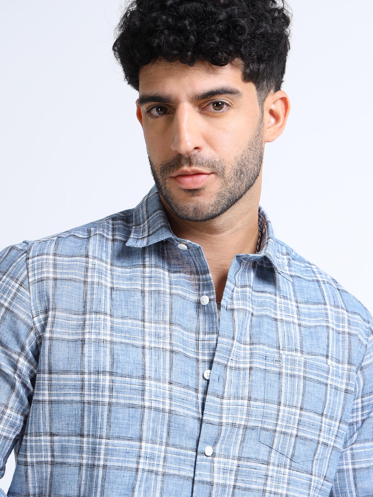 Blue Checks Italian Cotton Linen Blend Shirt