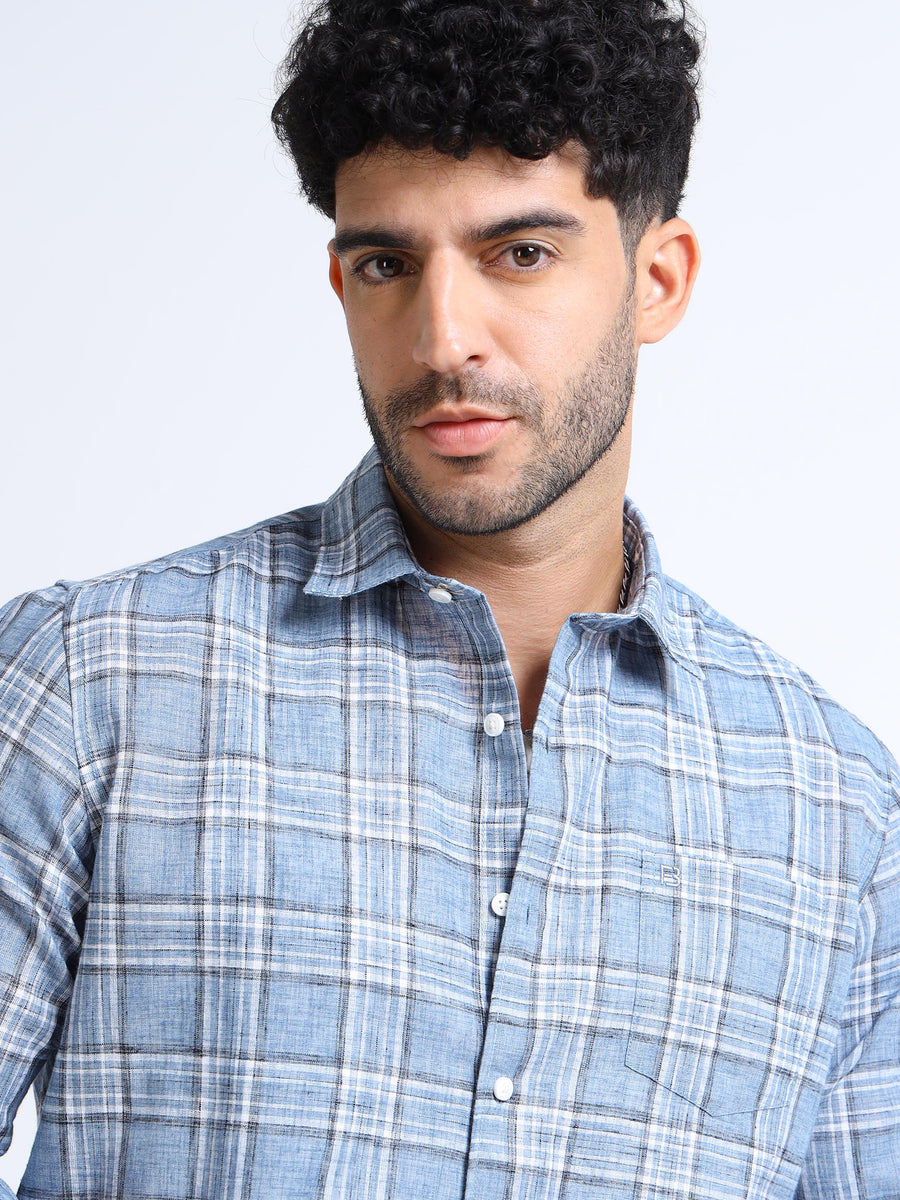 Blue Checks Italian Cotton Linen Blend Shirt