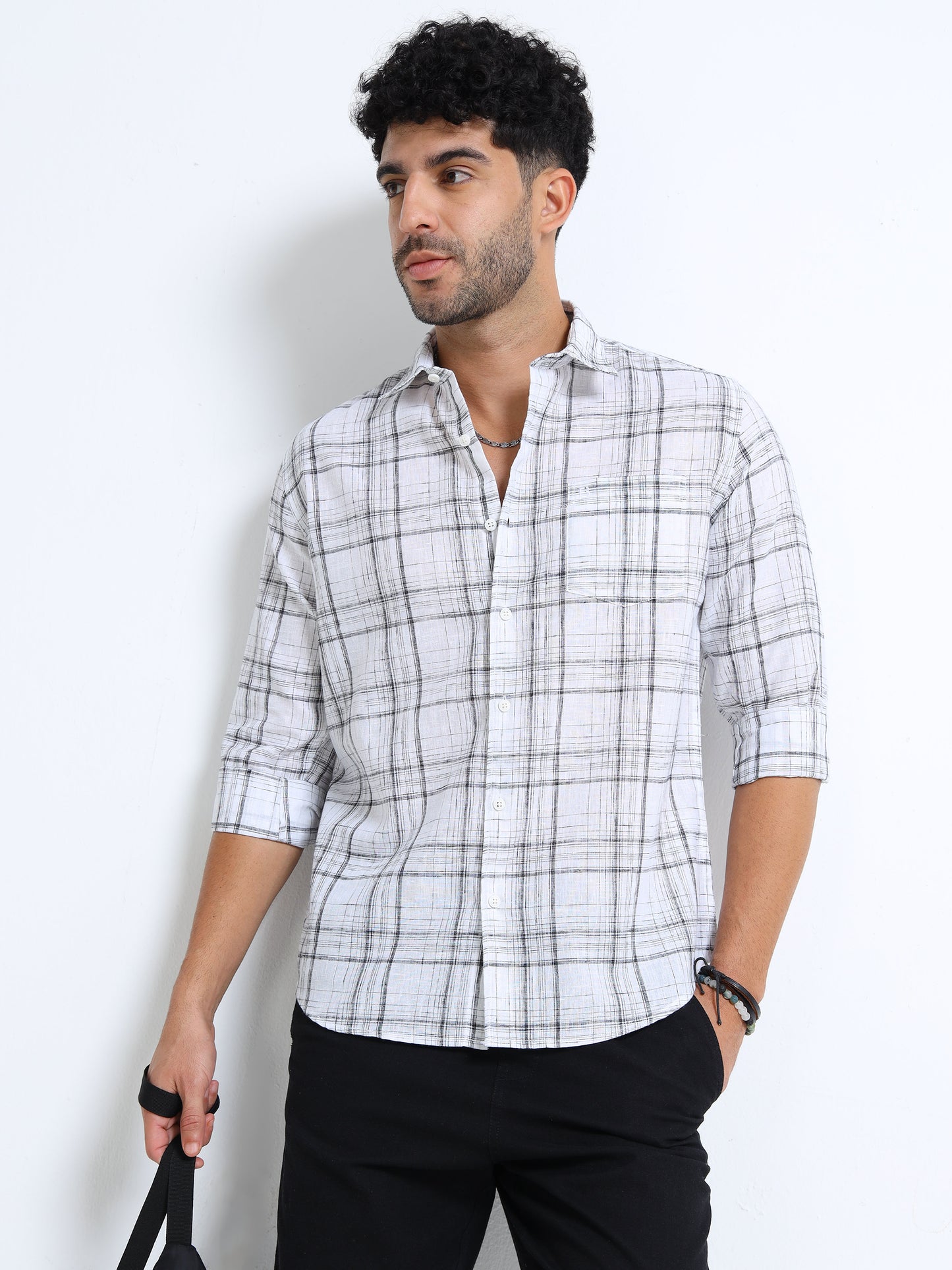 White Checks Italian Cotton Linen Blend Shirt
