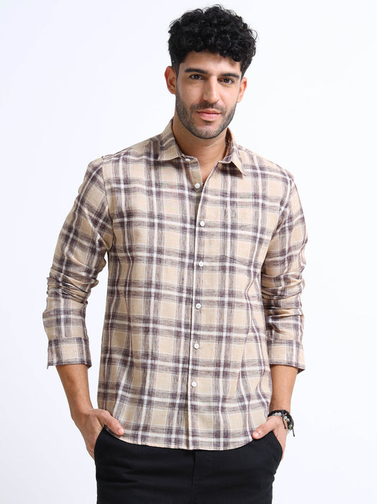 Beige Checks Italian Cotton Linen Blend Shirt