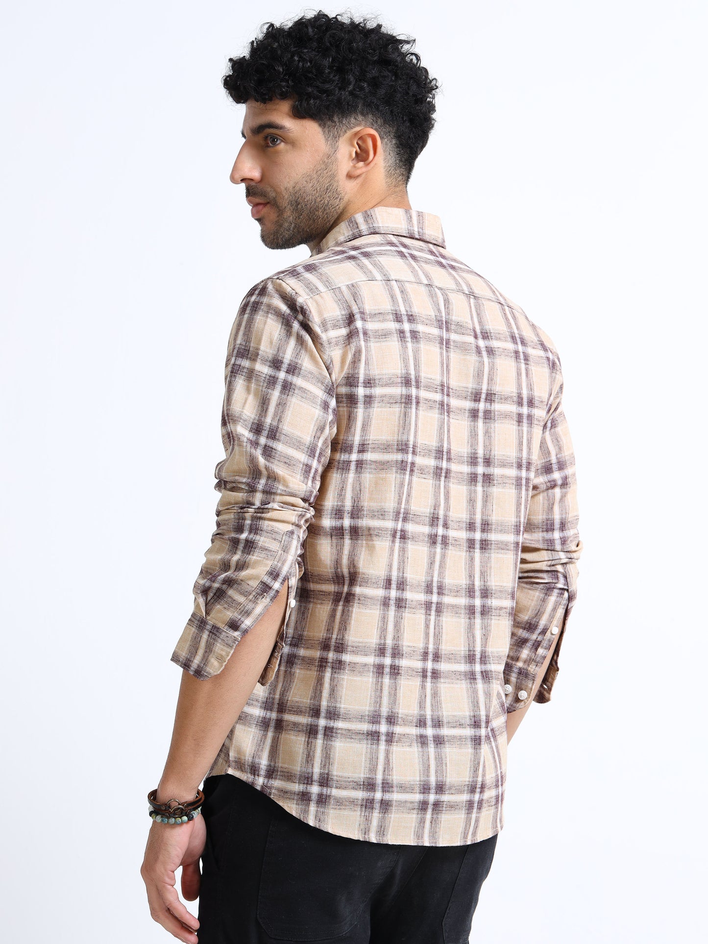 Beige Checks Italian Cotton Linen Blend Shirt