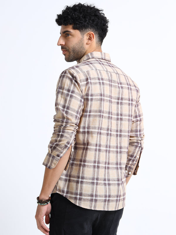 Beige Checks Italian Cotton Linen Blend Shirt